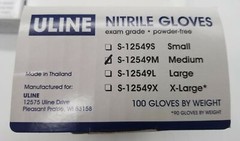 One(1) Box of 100 Uline Medium S-12549 Nitrile Gloves Exam Grade Powder Free