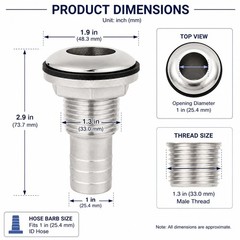 316 Stainless Steel Boat Thru-Hull Fitting with Hose Barb for 1″ I.D. Hose..