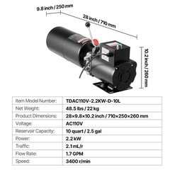 VEVOR Hydraulic Pump Power Unit AC 110V 10 Quart Single Acting Hydraulic Unit