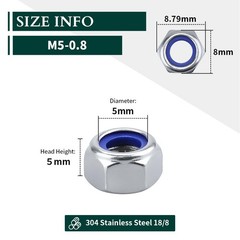 M5-0.8 (100 pcs) Nylon Insert Hex Lock Nuts 304 Stainless M5-0.8, Silver