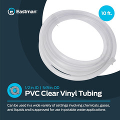 1/2 Inch ID (5/8 Inch OD) PVC Clear Vinyl Tubing, 10 Foot Length, 98568