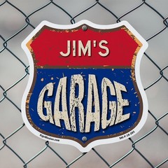 Jim’s Garage Shield Shaped Sign Weather Resistant Crafted in the USA