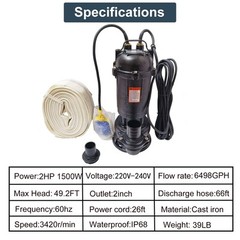 2HP Submersible Sump Pump 1500W Cast Iron Sewage Pump 6498GPH w/66ft HOSE 220V