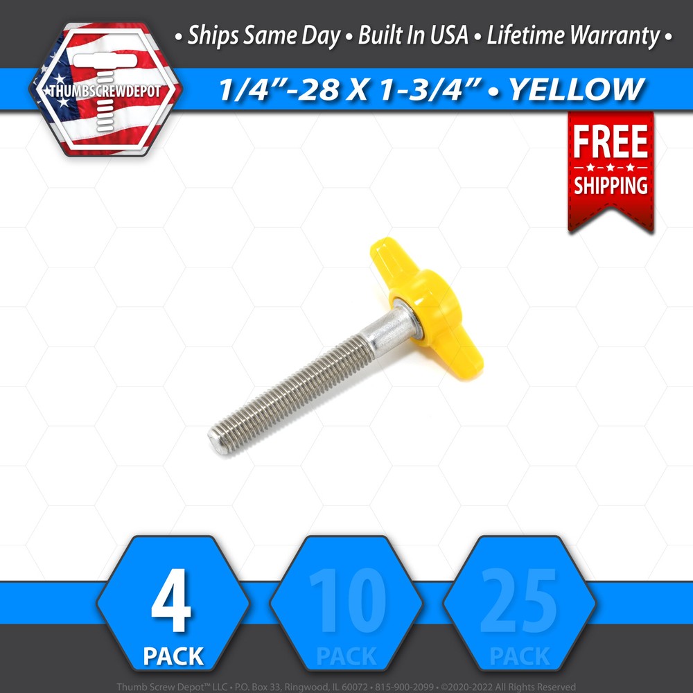 1/4″-28 x 1-3/4″ Thumb Screw Stainless Steel – Yellow Tee / Wing Knob – USA