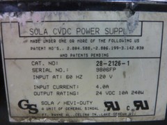 SOLA ELECTRIC CVDC Power Supply 28-2126-1 Used #63480