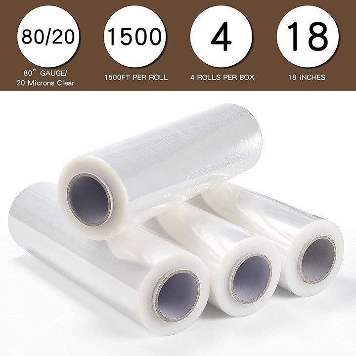 18″ x 1500FT 80 Gauge Pallet Wrap Heavy-Duty Stretch Film Clear Color Packaging