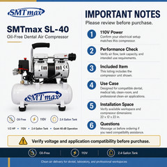 Oil-Free Dental Air Compressor 9L 110V Quiet 48dB 3.1 CFM SMTmax SL-40