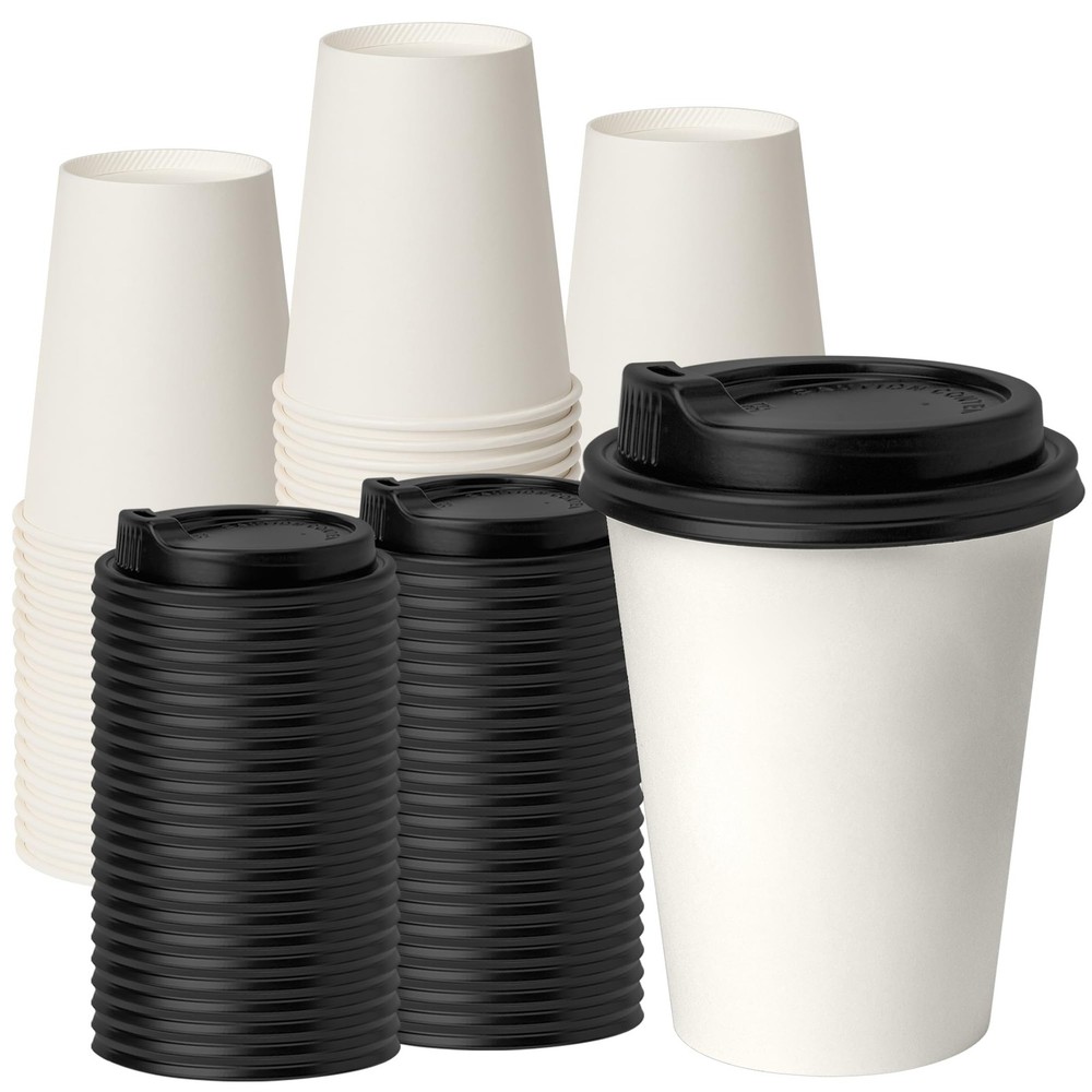RACETOP [100 pack] Disposable Coffee Cups with 12 Ounces, White-Black Lids