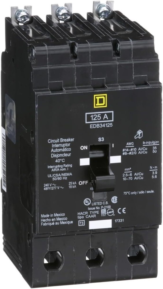 NIB – Square D – EDB34125 – Molded Case Circuit Breaker – 125A, 3-Phases, 480V