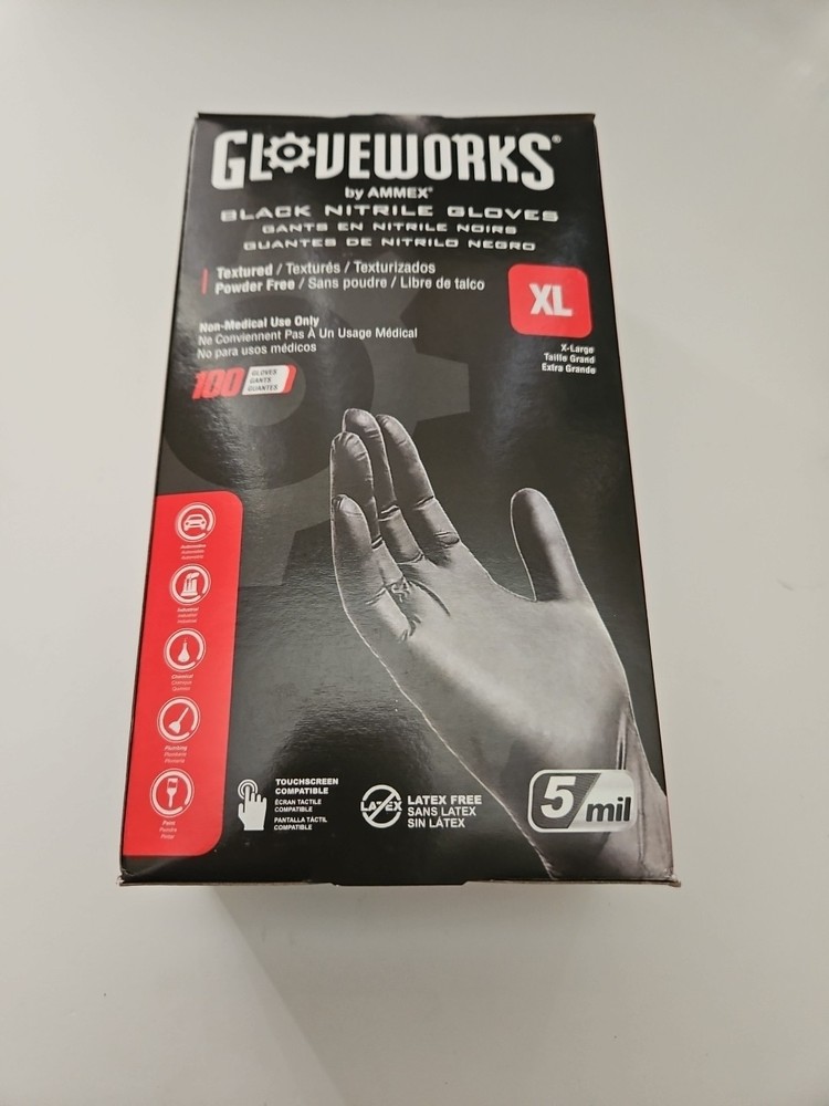 AMMEX Glove Works Nitrile Gloves, Black – XL (100 Pack).