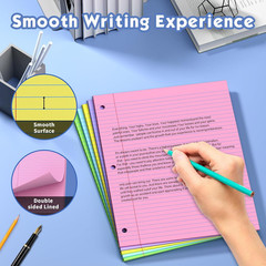 100 Sheets Colored 8X10.5 Inch Loose Leaf Paper, 5 Colored College Ruled 3 Hole