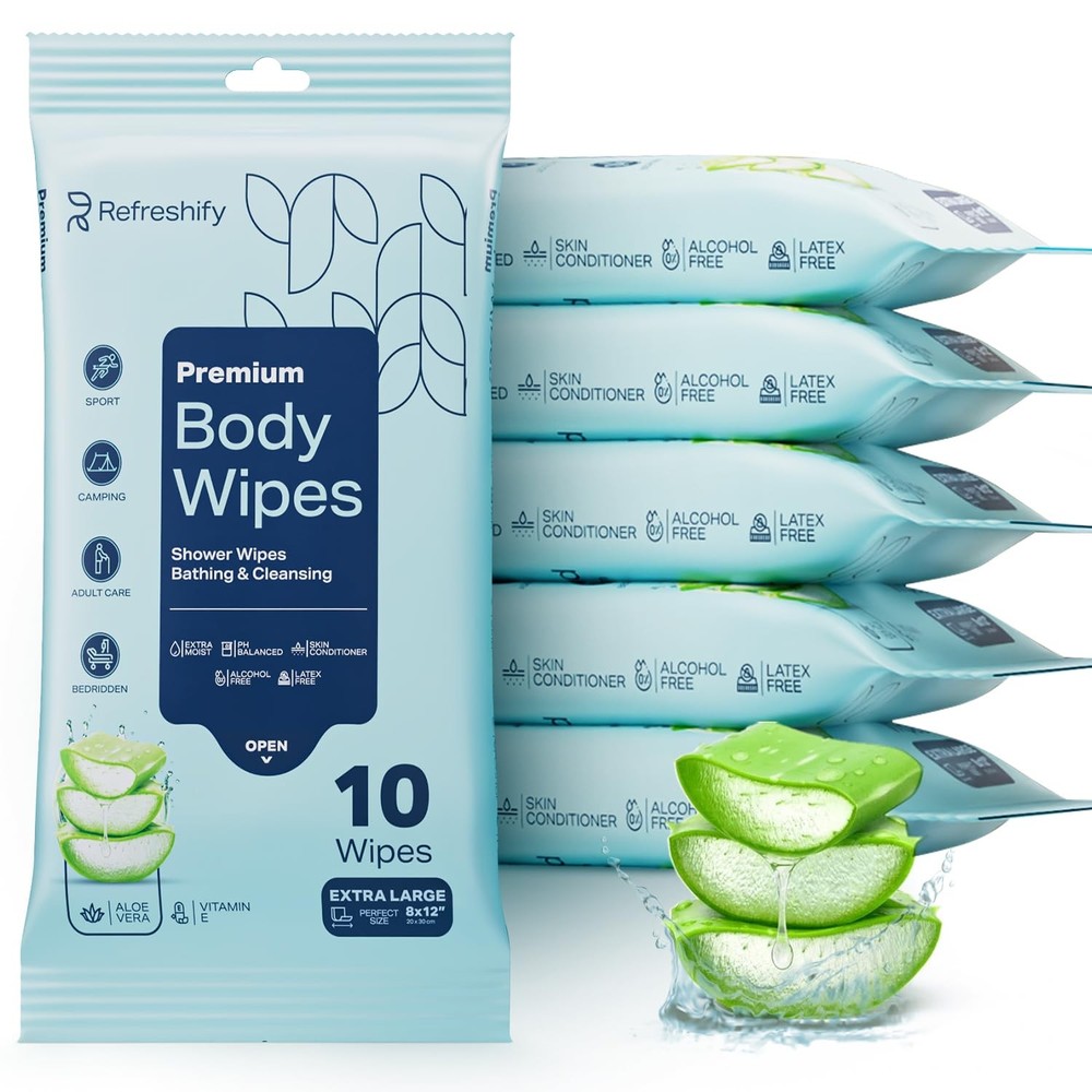 60 XL Shower Wipes – Body for Adults 1 Count (Pack of 60), White