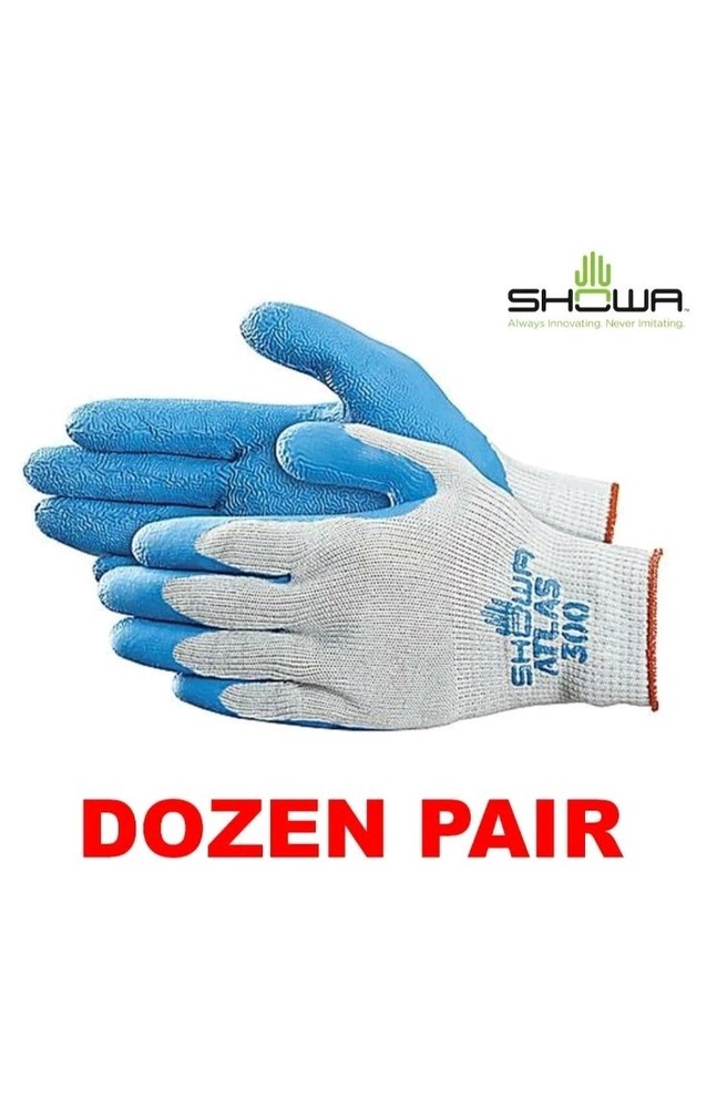 Showa Atlas Fit 300 Natural Rubber Coated Gloves (Dozen – 12 Pair) XL