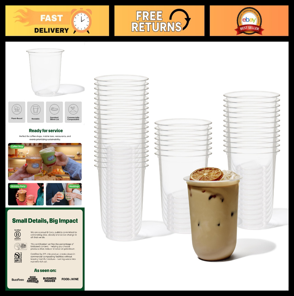 16oz Clear Plant-Based Cold Cups – Eco-Friendly Disposable Party Supplies – 100
