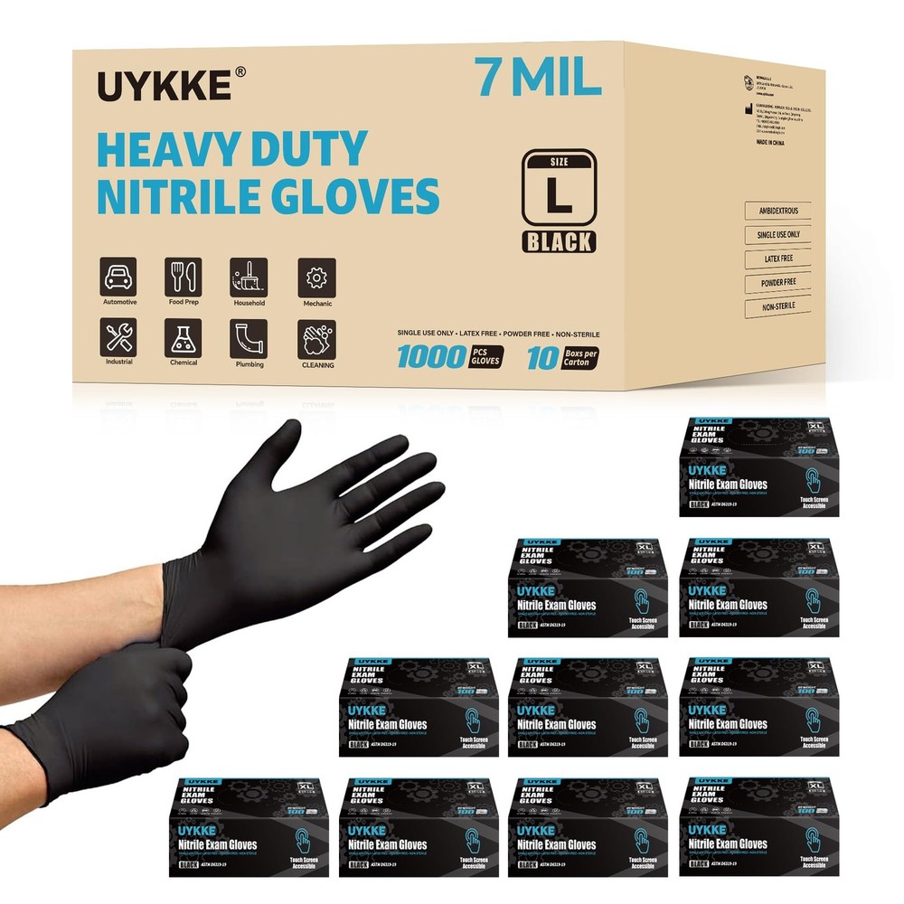 Black Nitrile Disposable Gloves, Medium, 7 Mil, Heavy Duty, 100 Count