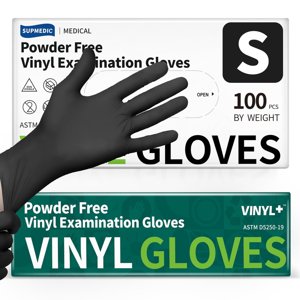 Supmedic Vinyl Disposable Exam Gloves, Black 4 Mil Small, 100 Small (Black)