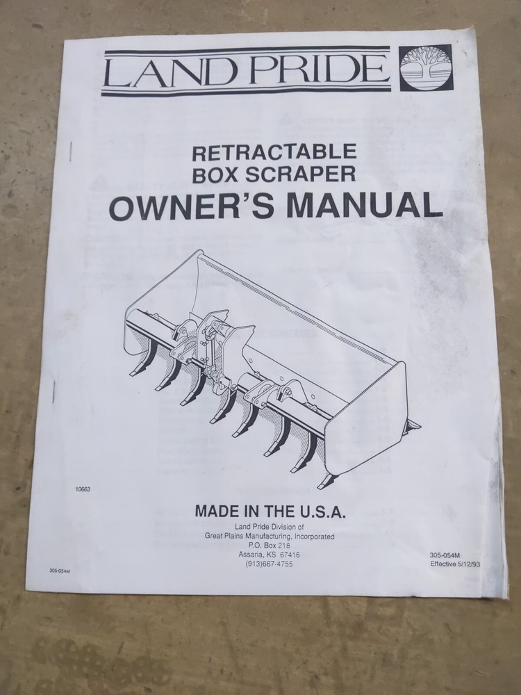 LandPride Retractable Box Scraper Owners Manual, 1993 Edition