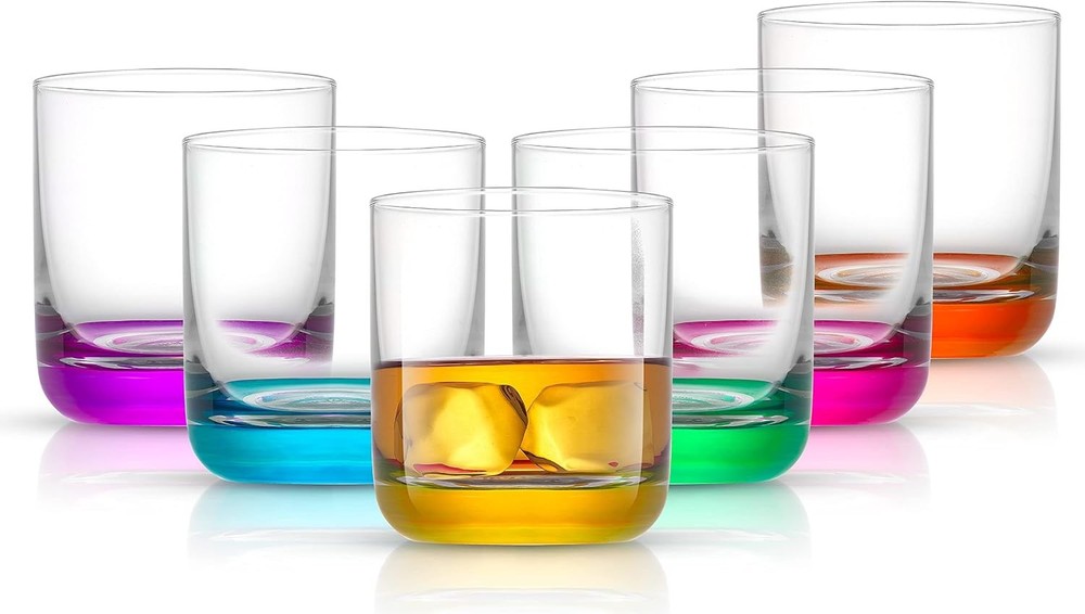 JoyJolt Hue Colorful Whiskey Set of 6, 10oz Drink Glasses, Double Old Fashioned