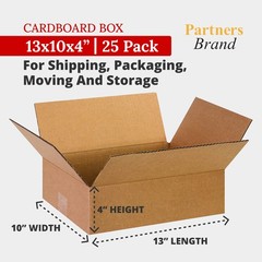 PARTNERS BRAND 13 x 10 x 4 Corrugated Cardboard Boxes, Flat 13L x 10W x 4H, Pack