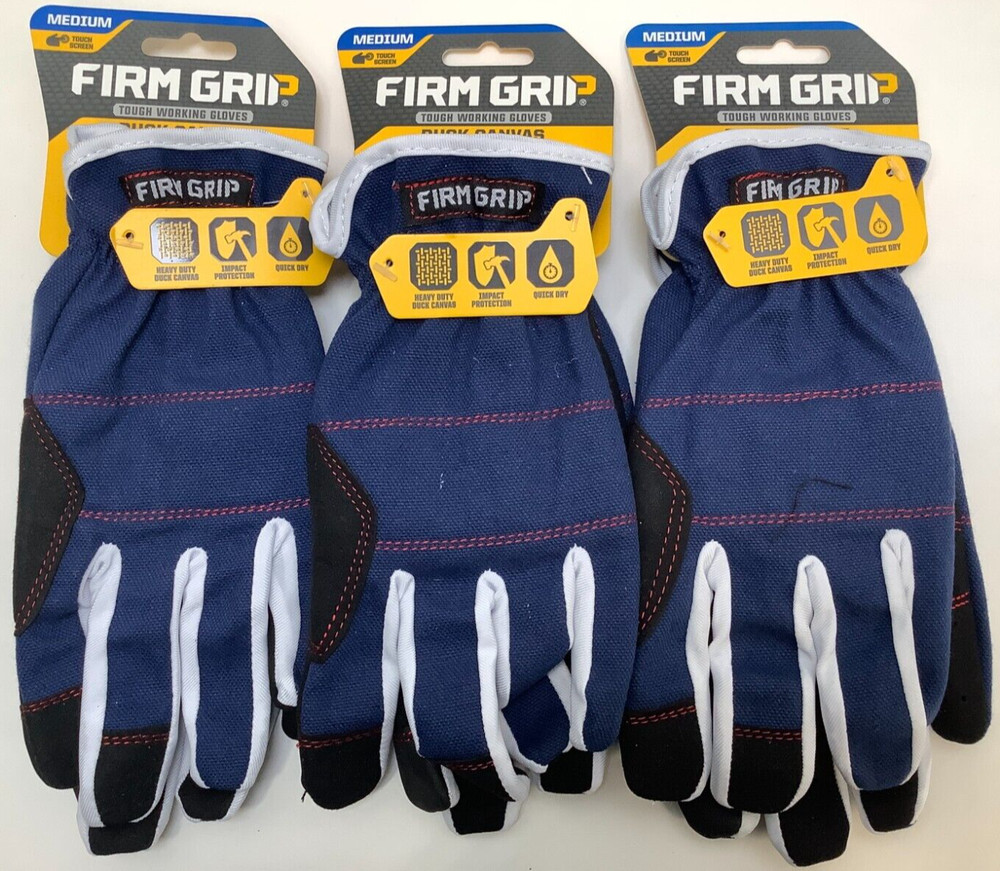 Firm Grip Duck Canvas Utility Gloves, Medium, Touch Screen, Navy Blue, 3 Lot