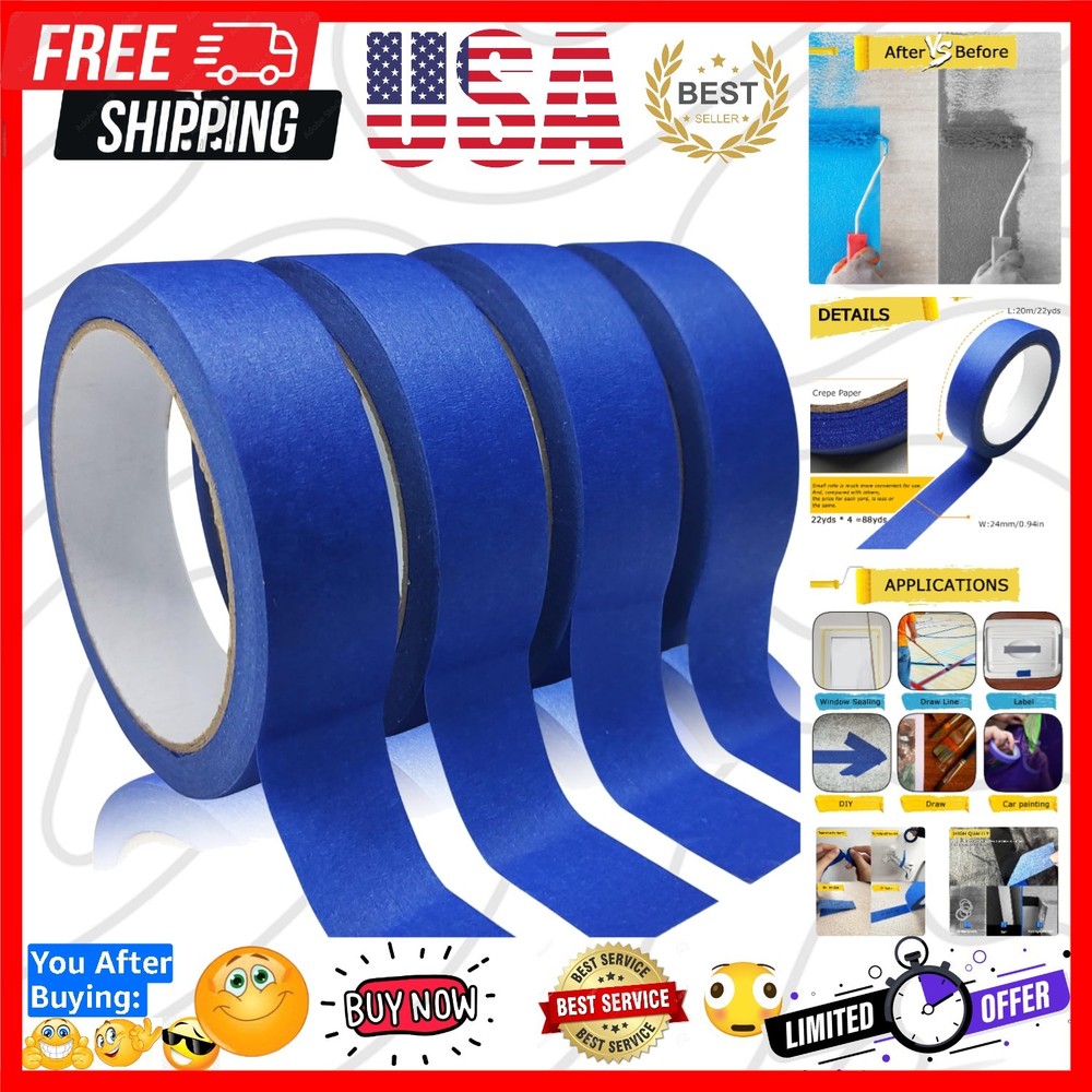 4 Rolls Painters Tape, Blue Tape, Masking Tape, Paint Tape for Multi-Purpose…