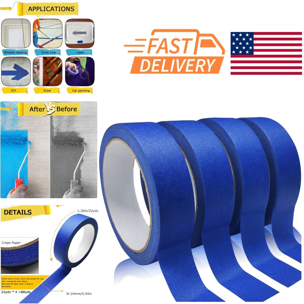 Versatile Blue Painters Tape 4 Rolls 0.94 Inch for Wall Decoration and Labeling