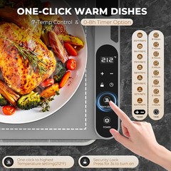 Electric Warming Mat for Food – 7 Temps, 8H Timer, XXL Grey | Roll up Silicone,