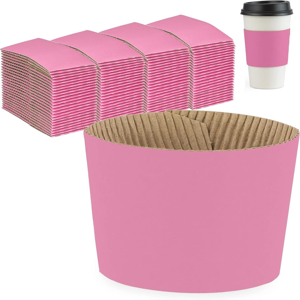 100 Pack] Pink Coffee Cup Sleeves Disposable for Hot Drinks, Durable Corrugated