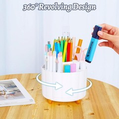 360 Rotating Pencil Pen Holder for Desk, White Pen Organizer with 6 Slots