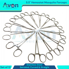 5.5in Hemostat Locking Mosquito Forceps Clamps | Cur+Str, Serrated | 12pc Lot