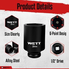 WETT 1/2″ Drive Deep Large Impact Socket Set, 1-1/8″-1-1/2″ (9pc), Black