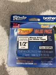 Brother TZe231 12mm (0.47″) Black on White Tape for P-Touch, 2 Pack #TZE-2312PK