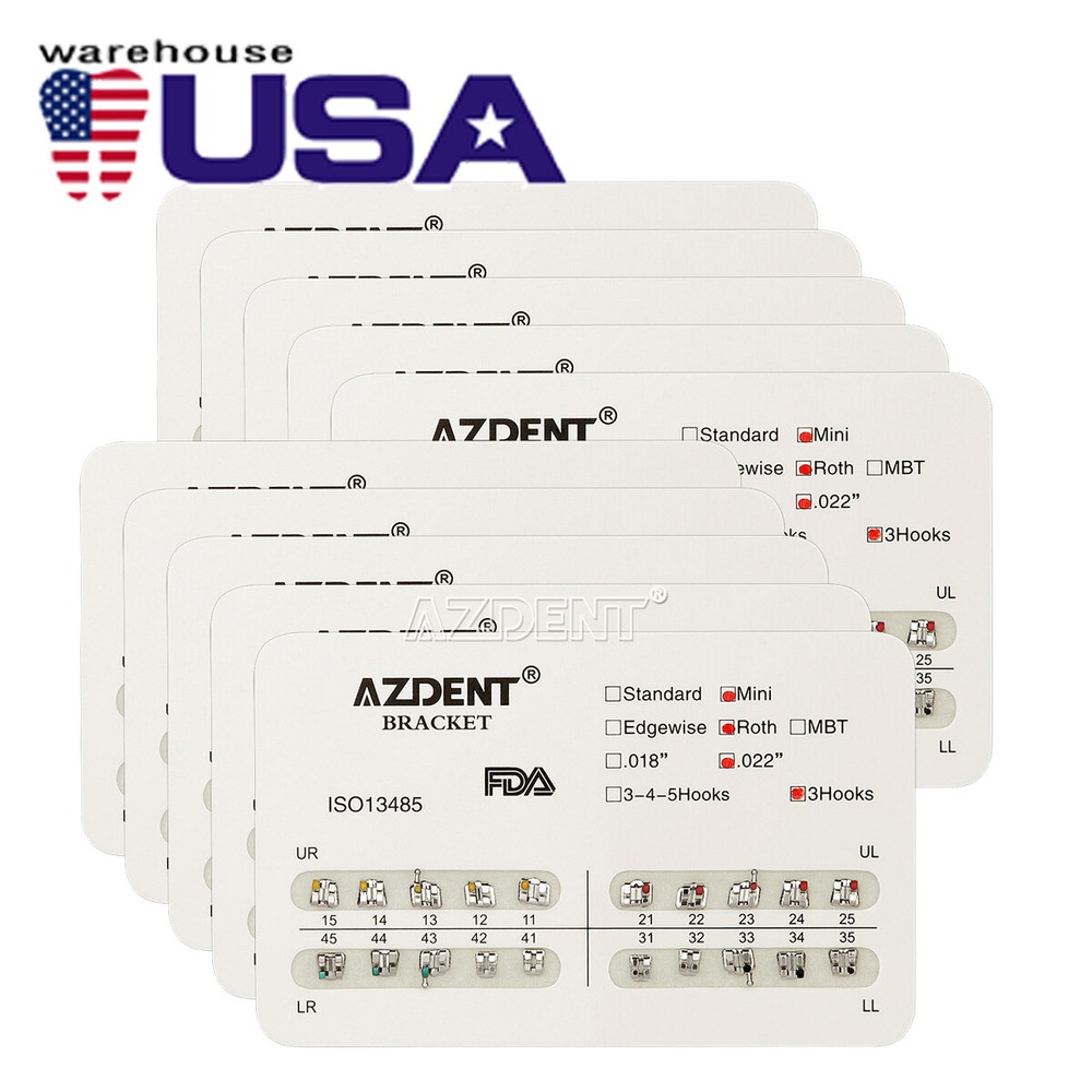 AZDENT 20Pc/Pack Dental Orthodontic Metal Brackets Mini Roth 022 Hooks 3 Braces