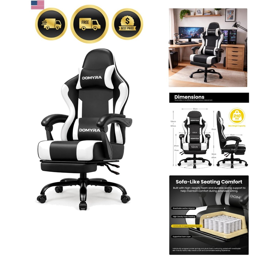 Gaming Chair Gamer Game Ergonomic with Footstool Lumbar Support Deep Black | …