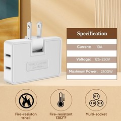 3 Way Flat Wall Outlet Extender Adapter- 2 Pack 180 Degrees White 2