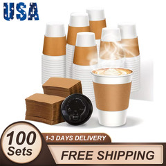100 Sets 12Oz Leak-Proof Paper Coffee Cups With Lids & Sleeves, Portable Cups