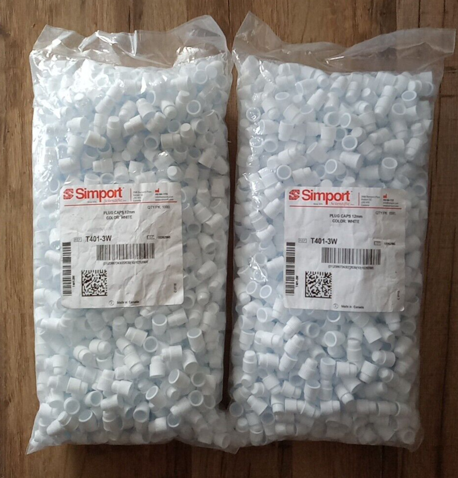 NEW! 2 BAGS (1000 CT/BAG) SIMPORT SCIENTIFIC T401-3W 12mm PLUG CAPS-WHITE
