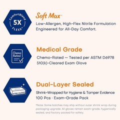 Medical Soft Max Nitrile Exam Gloves, 100 Count Latex-Free Powder-Free Non-St…