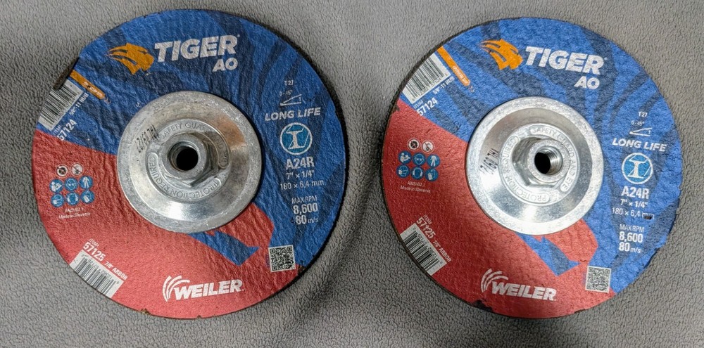 Lot of 2 New Weiler Tiger AO A24R Grinding Wheels – 7″ x 1/4″ x 7/8″ – 57125