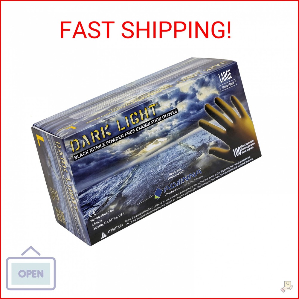 Adenna Dark Light 9 mil Nitrile Powder Free Exam Gloves (Black), Large – Box of