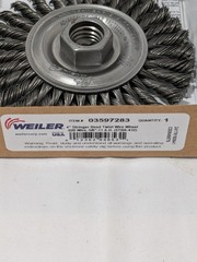 WEILER Wheel Brush: 4" Dia, 3/16" Width, 0.0200" Wire Dia, Knotte