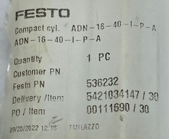Festo ADN-16-40-I-P-A Compact Cylinder, 16mm Piston 40mm Stroke