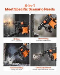 VEVOR Rotary Hammer Drill Corded Drills 1-1/4″ 4 Modes SDS-Plus Chipping Hammers