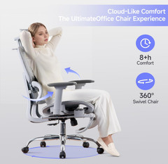 Silla de Oficina Ergonómica con Reposapiés, Cabecero 3D y Soporte Lumbar Gris