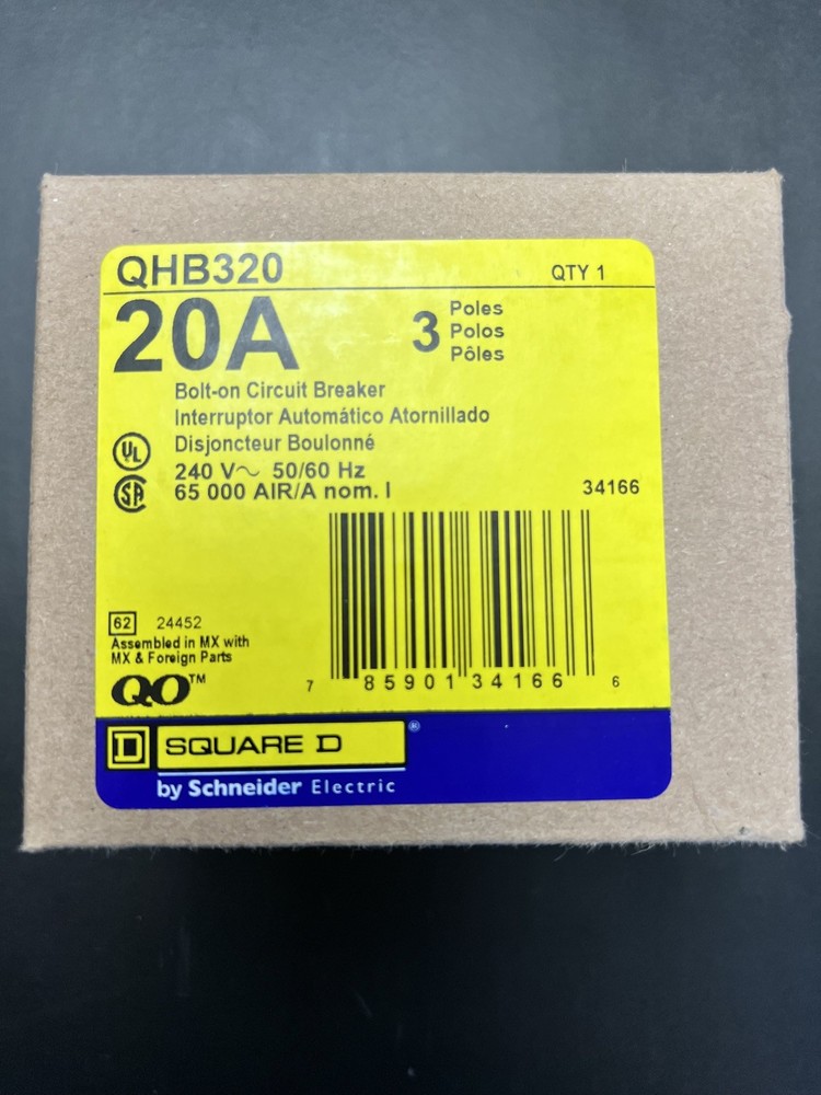 Square D QHB320 Circuit Breaker 20A 3P 120/240V 65kA Bolt On 20 Amp 3 Pole
