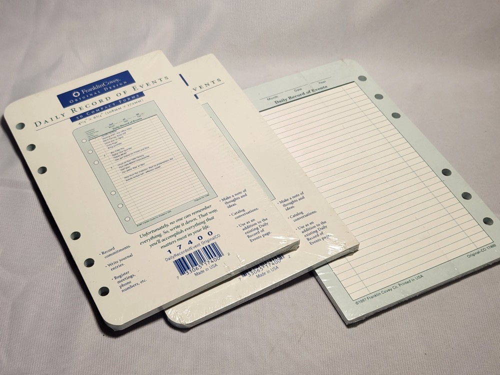 3 Packs Franklin Covey Compact 6-Hole Daily Record Events 50 Sheets 4.25 x 6.75