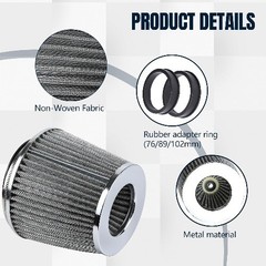 Universal Clamp-On Air Intake Filter, 76 89 102MM (3/3.5/4in) Hi Color: Silver