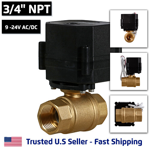 3/4″ Motorized Electric Ball Valve 9 12 to 24 Volt Slow Close, 3 Wire Control