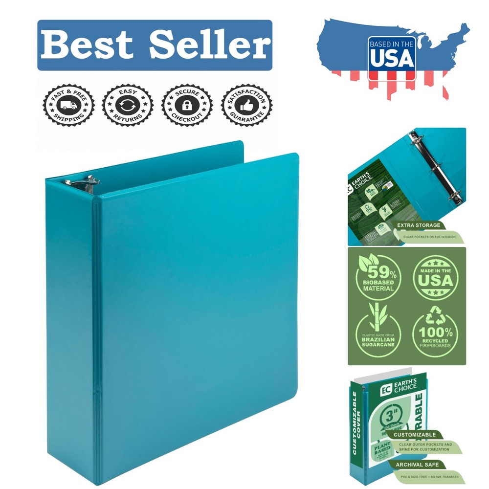 Vibrant Turquoise Plant-Based Binder, 3-Inch Capacity for Stylish Organization