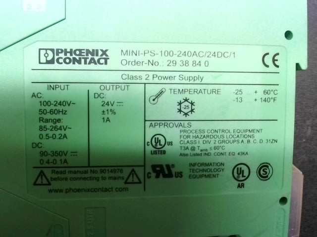 Phoenix Contact 2938840 MINI-PS-100-240AC/24DC/1 Power Supply 100-240VD